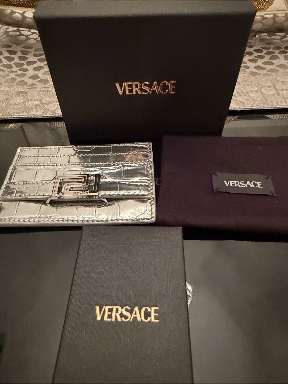 Versace Metallic Silver Croc-Embossed Card Case with Buckle - Picture 2 of 2